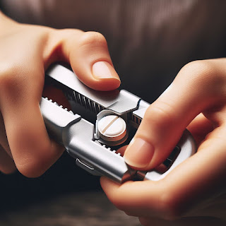 A pill cutter splitting one pill into two pills. Image generated by Microsoft Copilot Designer.