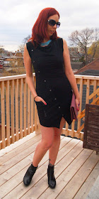 Unique and Chic LBD: Dress from Bench, Shop for Jayu Necklace, House of Harlow 1960 Clutch from Winners, Wedge Booties from Hudson's Bay, Fashion, Styletips, Melanie.Ps Blogger The Purple Scarf Toronto