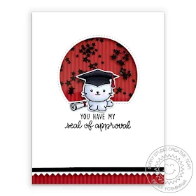 Sunny Studio Blog: Red, Black & White Graduation Seal of Approval Punny Shaker Card (using Sealiously Sweet & Woo Hoo Stamps, Stitched Semi-circle & Ric-Rac Border dies, Striped Silly Paper)