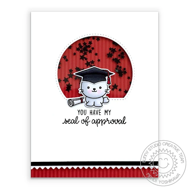 Sunny Studio Blog: Red, Black & White Graduation Seal of Approval Punny Shaker Card (using Sealiously Sweet & Woo Hoo Stamps, Stitched Semi-circle & Ric-Rac Border dies, Striped Silly Paper)