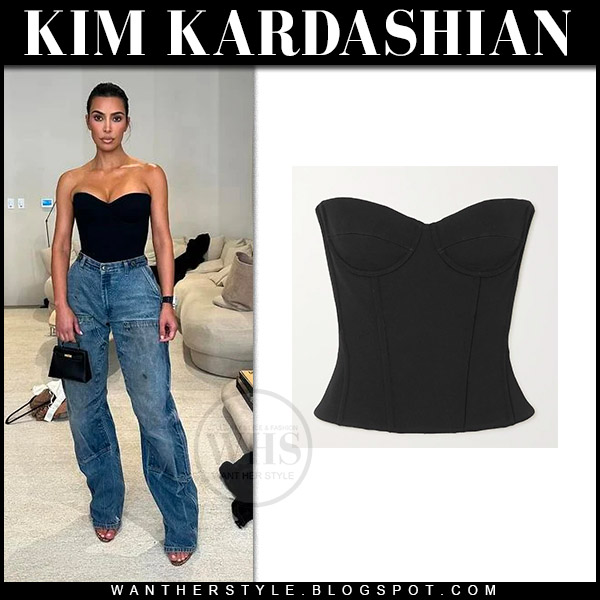Kim Kardashian in black bustier top and jeans on January 10 ~ I want her  style - What celebrities wore and where to buy it. Celebrity Style