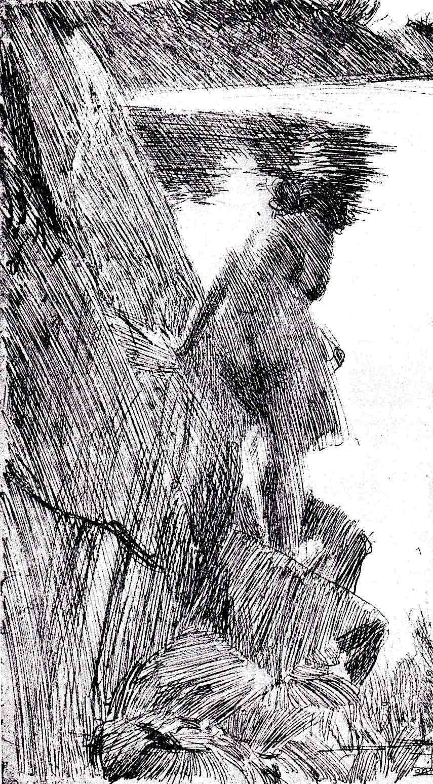 Anders Zorn art, a naked woman swimmer risking a steep rocky slant