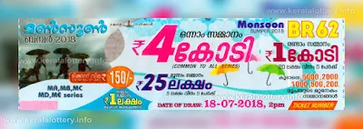 Kerala Lottery Results Today 18.07.2018 Monsoon Bumper BR-62 Result