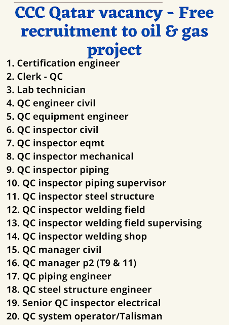 CCC Qatar vacancy - Free recruitment to oil & gas project