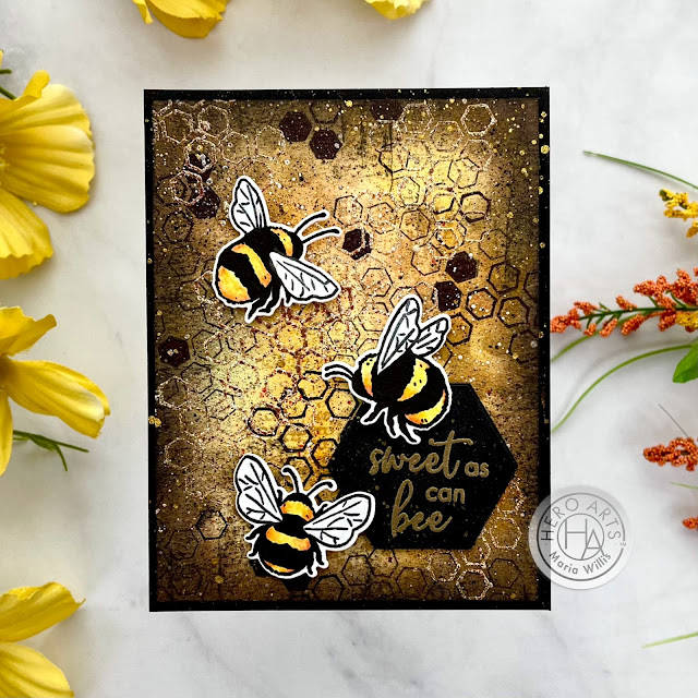 Cardbomb, Maria Willis,Hero Arts, My Monthly Hero Kit January 2021,flowers,bees,stamps,stamping, mixed media, art, die cutting,#hexagon, color,watercolor,ink blending,grunge,