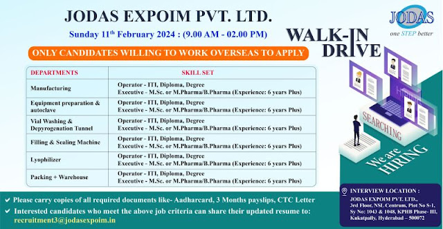 Jodas Expoim Walk In Interview For Manufacturing/ Packing/ Warehouse - Multiple Opening
