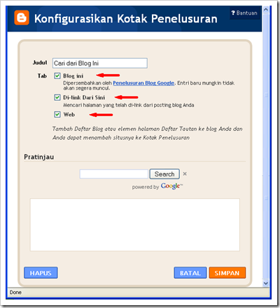 Konfigurasi kotak penelusuran google search engine