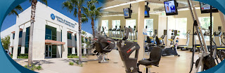 Exterior photo of Goodwill building. Interior photo of exercise equipment.