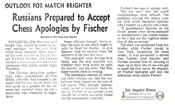 Russians Prepared to Accept Chess Apologies by Fischer