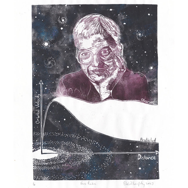 Vera Rubin, linocut on Japanese paper, 11" x 14", by Ele Willoughby, 2023
