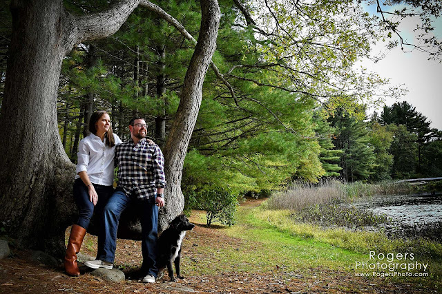 A beautiful engagement portrait of Kasey, Evan and their dog "Bear" overlooking the pond at Chatfield Hollow State Park. The wedding will be held at the beautiful Madison Beach Hotel in Madison CT.