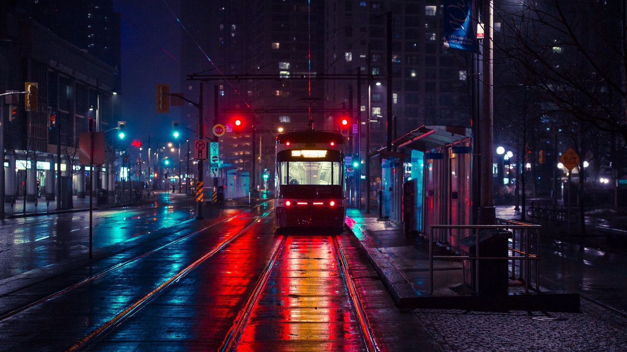 Wallpaper Trolley Stop City Evening Lighting