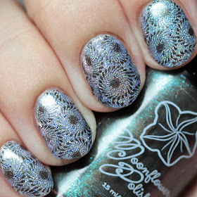 Moonflower Polish The Stone Dog stamped over Blush Lacquers The Blue Lady using Über Chic 22-03 plate