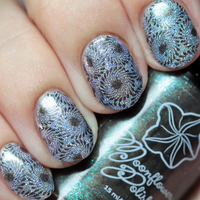 Moonflower Polish The Stone Dog stamped over Blush Lacquers The Blue Lady using Über Chic 22-03 plate