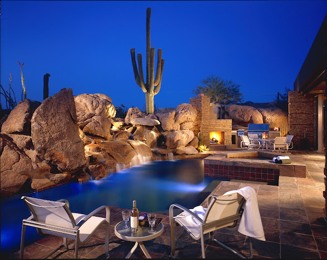 Picture of luxury terrace with swimming pool surrounded with rocks