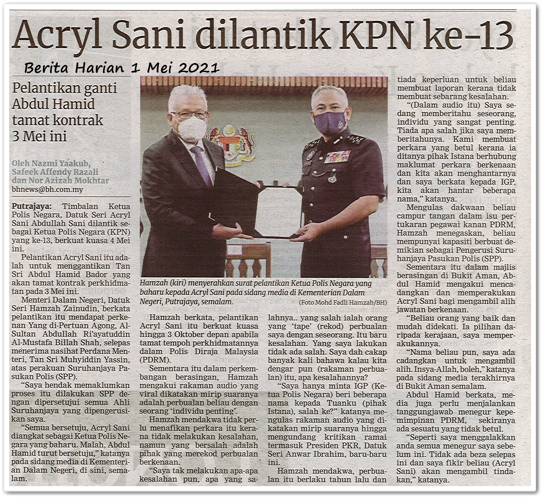 Acryl Sani dilantik KPN ke-13 - Keratan akhbar Berita Harian 1 Mei 2021