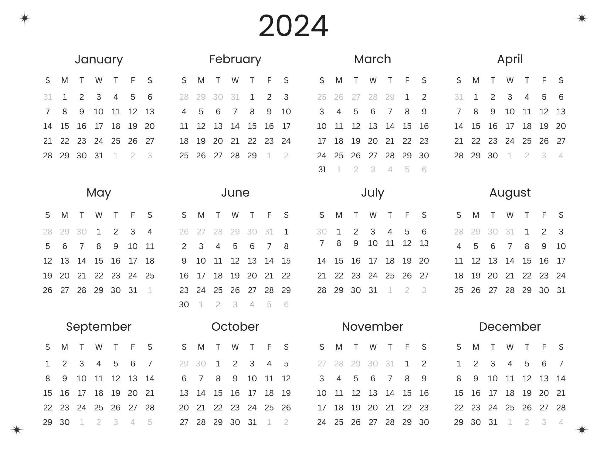 12 Month 2024 Calendar Printable