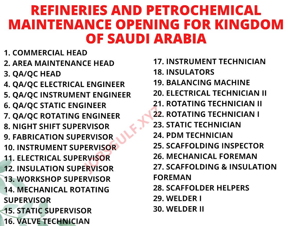 REFINERIES AND PETROCHEMICAL MAINTENANCE OPENING FOR KINGDOM OF SAUDI ARABIA