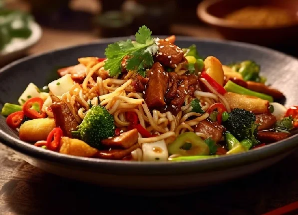 Chop Suey en plato sobre una mesa café