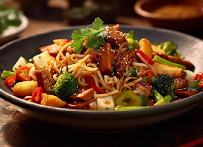 Chop Suey en plato sobre una mesa café