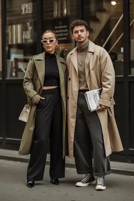 Trench Coats + Turtlenecks + Baggy Trousers