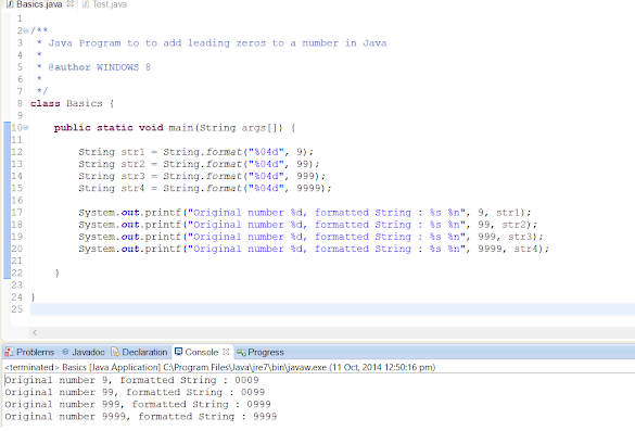 Adding leading zero on numbers in Java with example