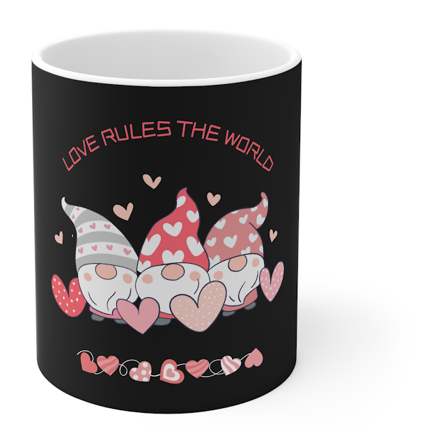 Ceramic Mug With Black Pink Rose and Gray Cute Illustrated Valentine's Day Sticker and Text Love Rules The World