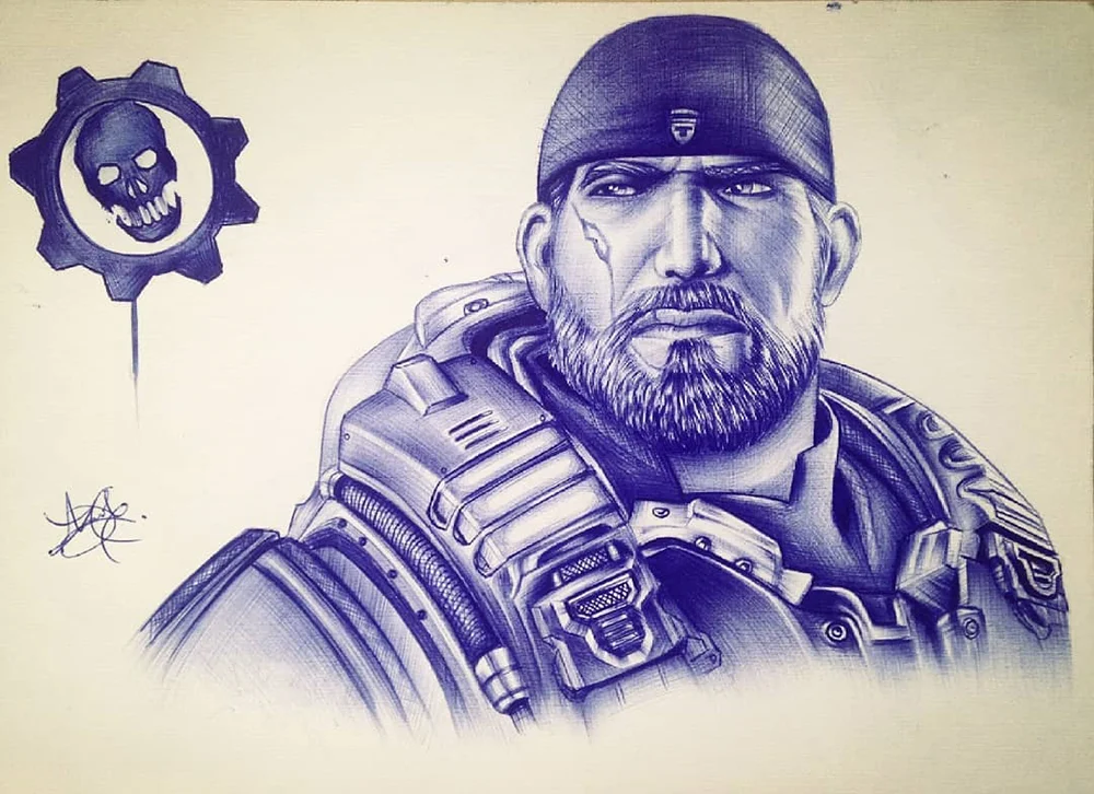 Pen drawing of Marcus finix from Gears Of War