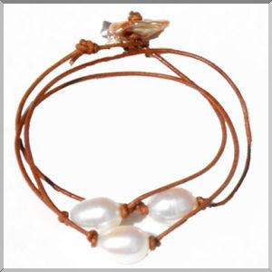 freshwater pearls on mocha leather wrap bracelet