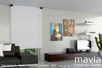 Rendering fotografico pubblicitario - Render 3d Tenda tecnica filtrante da interni  per soggiorno moderno con pavimento parquet 