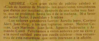 Simultáneas de ajedrez de Placid Soler en 1927, recorte de prensa