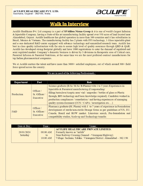 Aculife Healthcare Hiring For Production and F&D Department