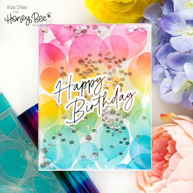 Birthday, Balloon, Shaker Card,Honey Bee Stamps, rainbow, ink blending, hot foil, glimmer foil, shaker pocket,Frameless Shaker Card,Card Making, Stamping, Die Cutting, handmade card, ilovedoingallthingscrafty, Stamps, how to,