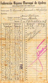 Planilla de la partida de ajedrez Medina - Bosch, I Torneo Nacional de Melilla 1947