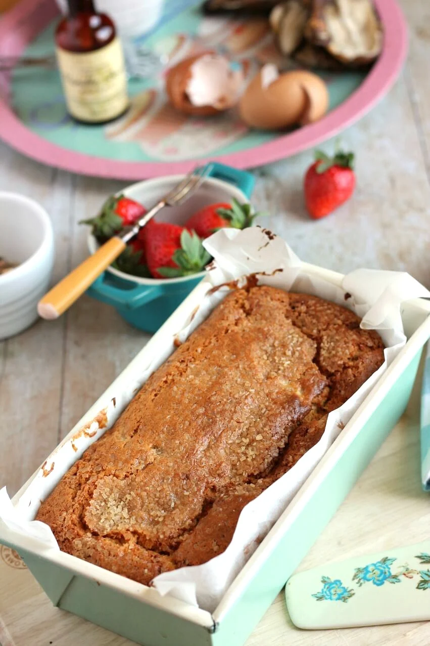 Creme Fraiche Banana Loaf Cake in tin