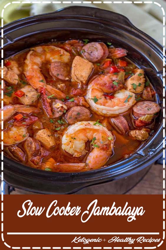 Slow Cooker Jambalaya with Chicken Breasts, Andouille Sausage Links, Diced Tomatoes, Onion, Red Bell Pepper, Celery, Chicken Broth, Dried Thyme, Dried Oregano, Cajun Seasoning, Cayenne Pepper, Shrimp.