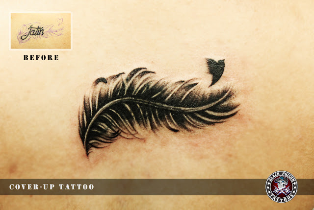 Amazing Cover-Up Bird Feather Tattoo Inked By Black Poison Tattoos