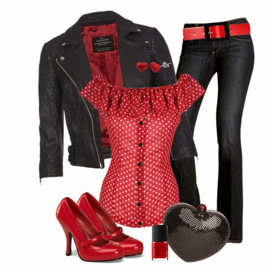 Fabulus piece of selection with black jacket red dotted blouse denim pant red shoes with purse