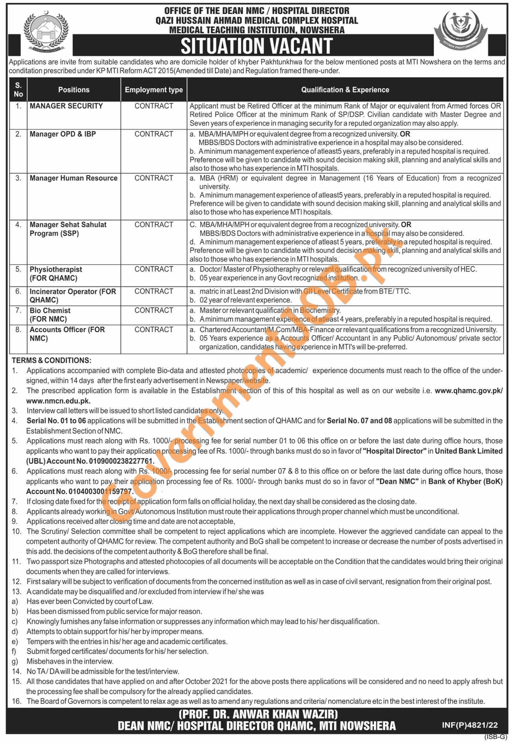 Qazi Hussain Ahmed Medical Complex Jobs 2022 – QHAMC KPK