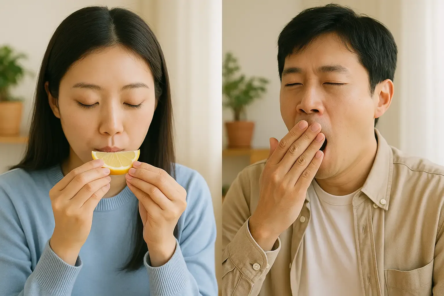 레몬을 조심스럽게 먹는 사람, 하품할 때 손으로 입을 가리는 사람