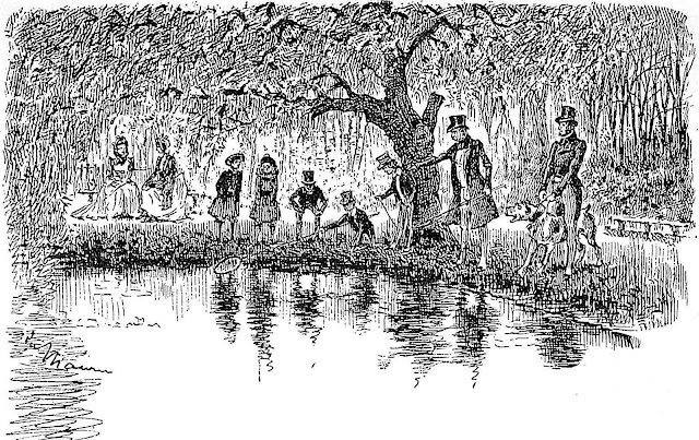 George Dumaurier 1896, a drawing of people fishing something from a pond