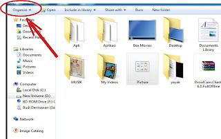klik organize lalu pilih menu folder and search option
