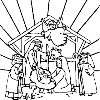Angles singing at the stable of baby Jesus coloring page for children