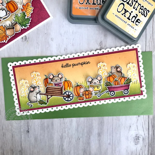 Sunny Studio Stamps: Harvest Mice Bountiful Autumn Slimline Dies Fancy Frame Dies Fall Themed Cards by Tammy Stark