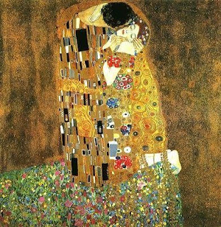 Klimt painting the kiss, in golds and texture