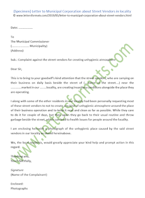 write a letter to the municipal corporation complaining about the street vendors in your locality