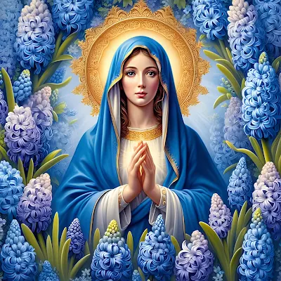 Imágenes de la Virgen María entre un jardín de jacintos azules