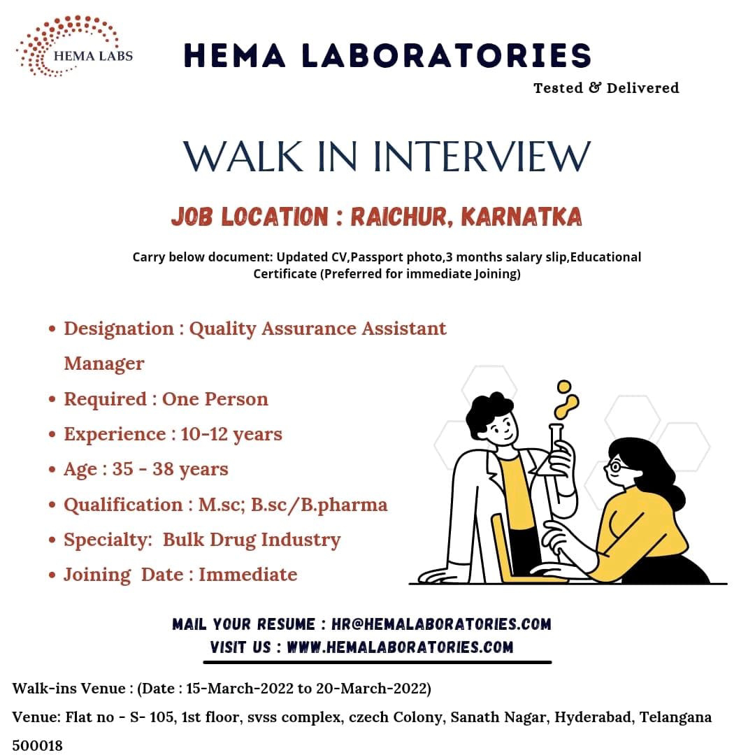 Job Availables,Hema Laboratories Walk-In-Interview For BSc/ MSc/ B.Pharm