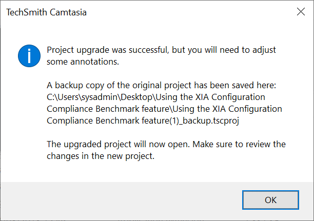 Camtasia project upgrade successful