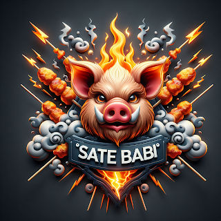 Logo sate babi dengan daging panggang, saus merah mengilap, dan elemen asap.